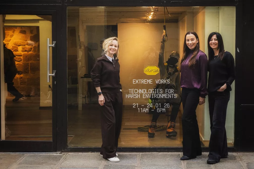 Representatives from Vibram and JALAS outside the Extreme Works installation during Paris Fashion Week