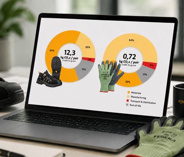 Environmental footprint data for safety footwear and protective gloves displayed on a laptop screen.