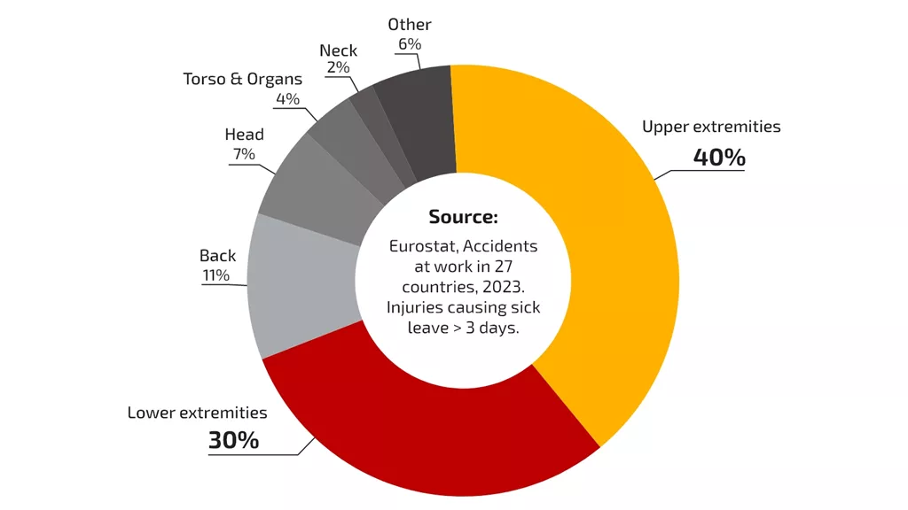 Donut chart showing workplace injuries causing more than three days of sick leave. Upper extremities account for 40% of injuries and lower extremities 30%, followed by back 11%, head 7%, other injuries 6%, torso and organs 4%, and neck 2%. Source: Eurostat, 2023.