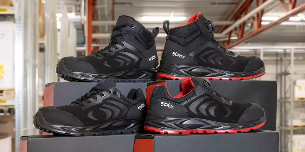 JALAS Flex safety shoes collection featuring low-cut and mid-cut models with lace-up and BOA® Fit System closures